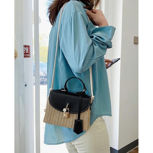 Black Straw Square Beach Bag for Women, Multi-Use Summer Purse - Picture 5 of 6